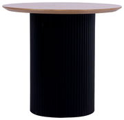 Runder Beistelltisch mit schwarzem, geriffeltem Sockel und Holzplatte, Frontalansicht