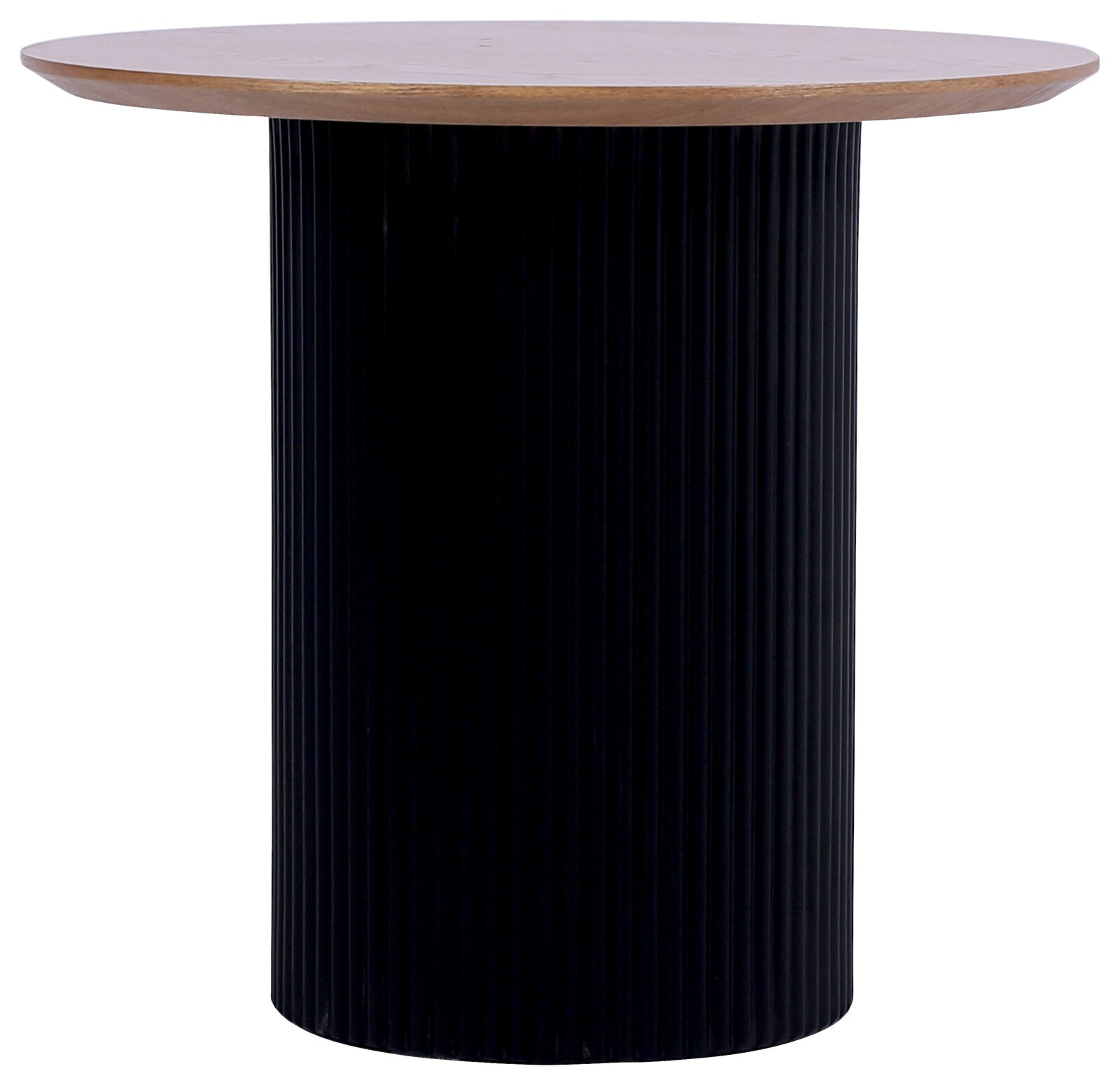 Runder Beistelltisch mit schwarzem, geriffeltem Sockel und Holzplatte, Frontalansicht