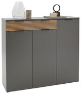 Moderner Schuhschrank in grauer Farbe mit Holzdetails, frontal fotografiert, dekoriert mit Vasen und Skulpturen auf der Oberseite.