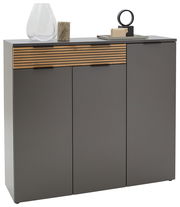 Moderner Schuhschrank in grauer Farbe mit Holzdetails, frontal fotografiert, dekoriert mit Vasen und Skulpturen auf der Oberseite.