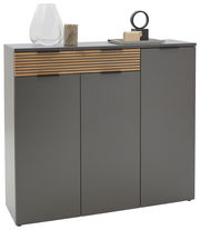 Moderner Schuhschrank in grauer Farbe mit Holzdetails, frontal fotografiert, dekoriert mit Vasen und Skulpturen auf der Oberseite.