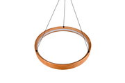 Moderne Pendelleuchte in Holzoptik, von unten betrachtet, mit kreisförmigem Design und schwarzer Aufhängung.