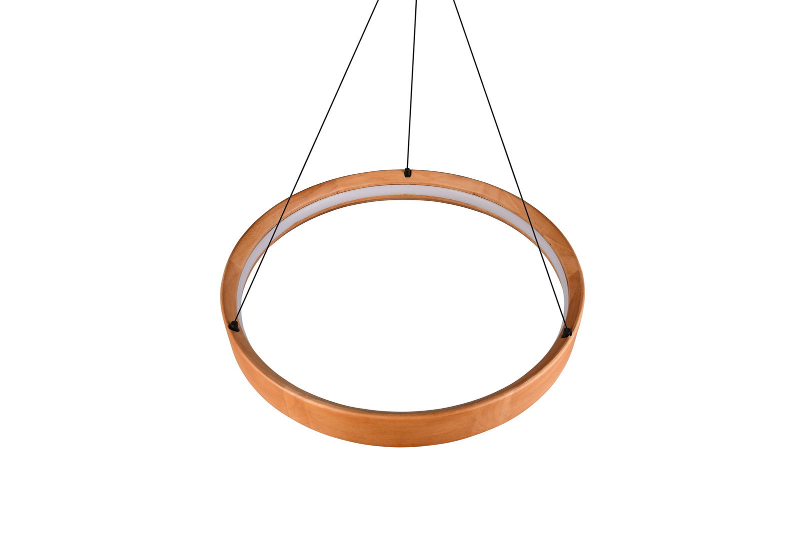 Moderne Pendelleuchte in Holzoptik, von unten betrachtet, mit kreisförmigem Design und schwarzer Aufhängung.