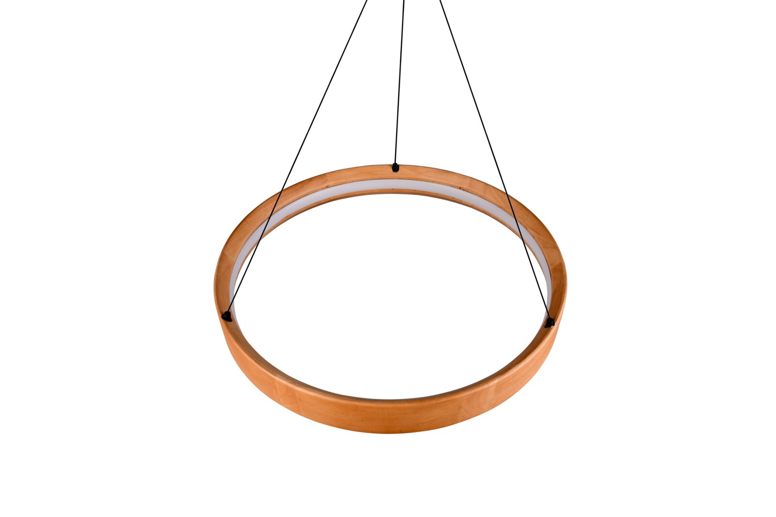 Moderne hanglamp in houtlook, gezien van onderaf, met een cirkelvormig ontwerp en een zwarte ophanging.