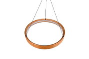 Moderne hanglamp in houtlook, gezien van onderaf, met een cirkelvormig ontwerp en een zwarte ophanging.