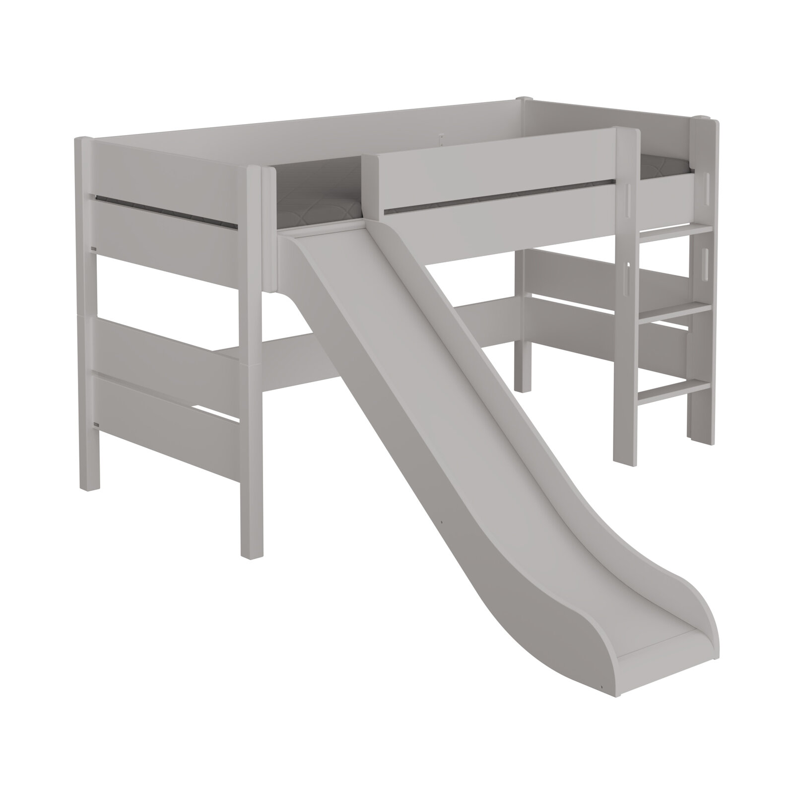 Graues Spielbett mit Rutsche und Leiter, seitliche Perspektive