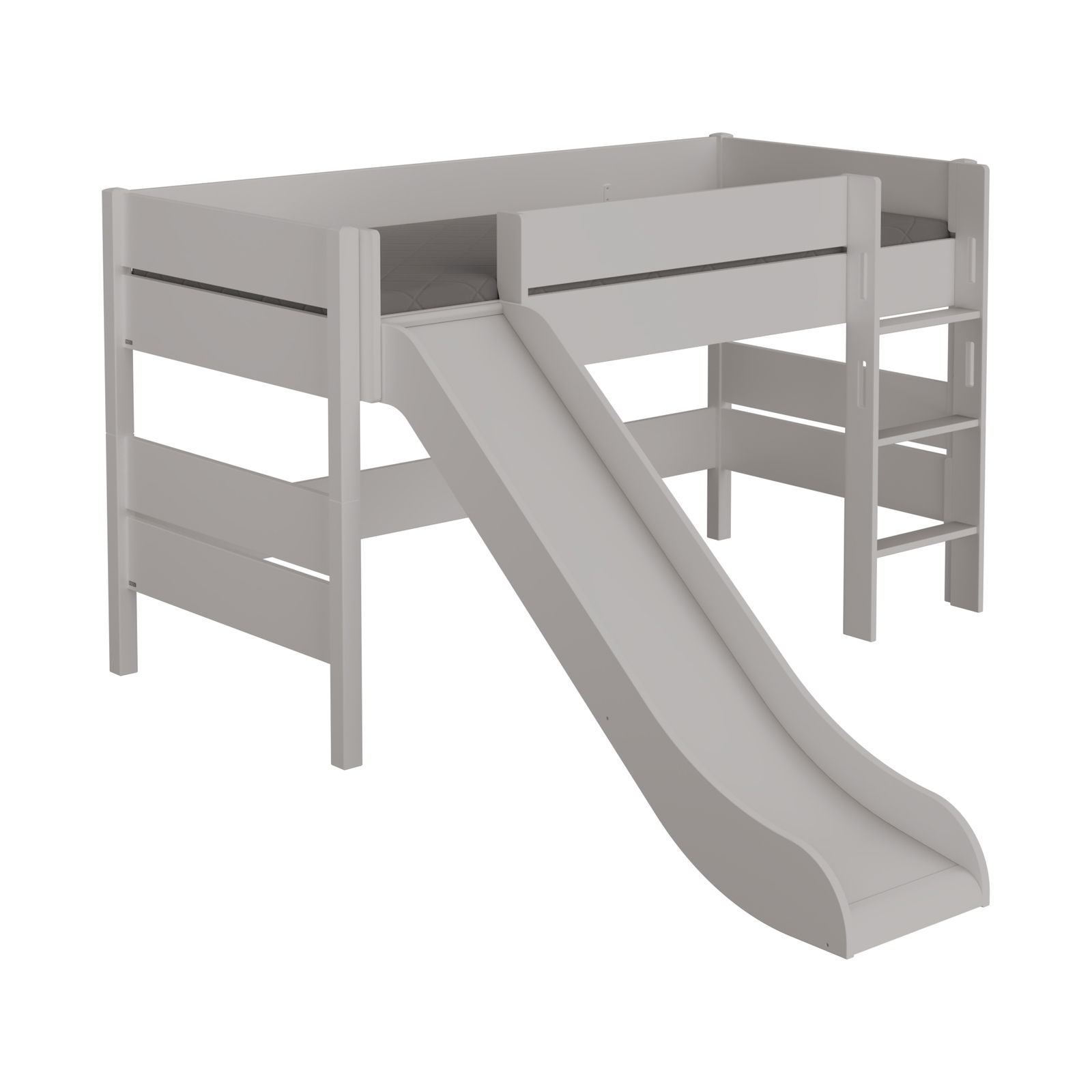 Graues Spielbett mit Rutsche und Leiter, seitliche Perspektive