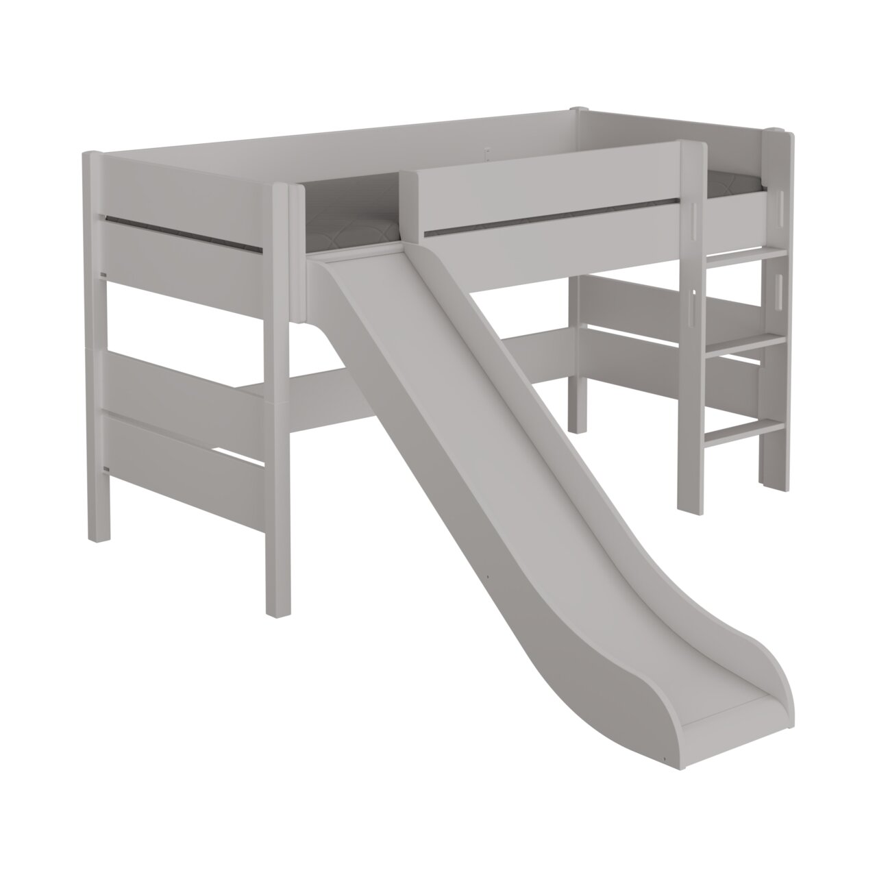 Graues Spielbett mit Rutsche und Leiter, seitliche Perspektive