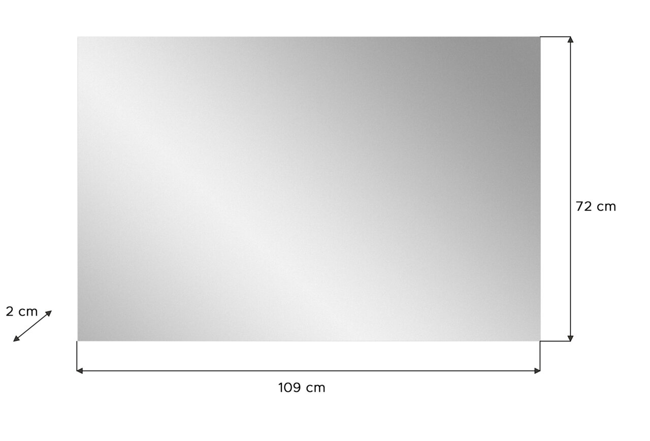 Rechteckiger Spiegel mit den Maßen 109 cm x 72 cm x 2 cm, frontal abgebildet.