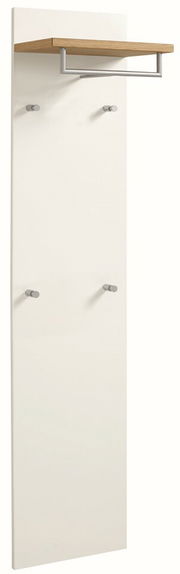 Weißes Paneel mit Holzablage und Kleiderhaken, seitliche Perspektive