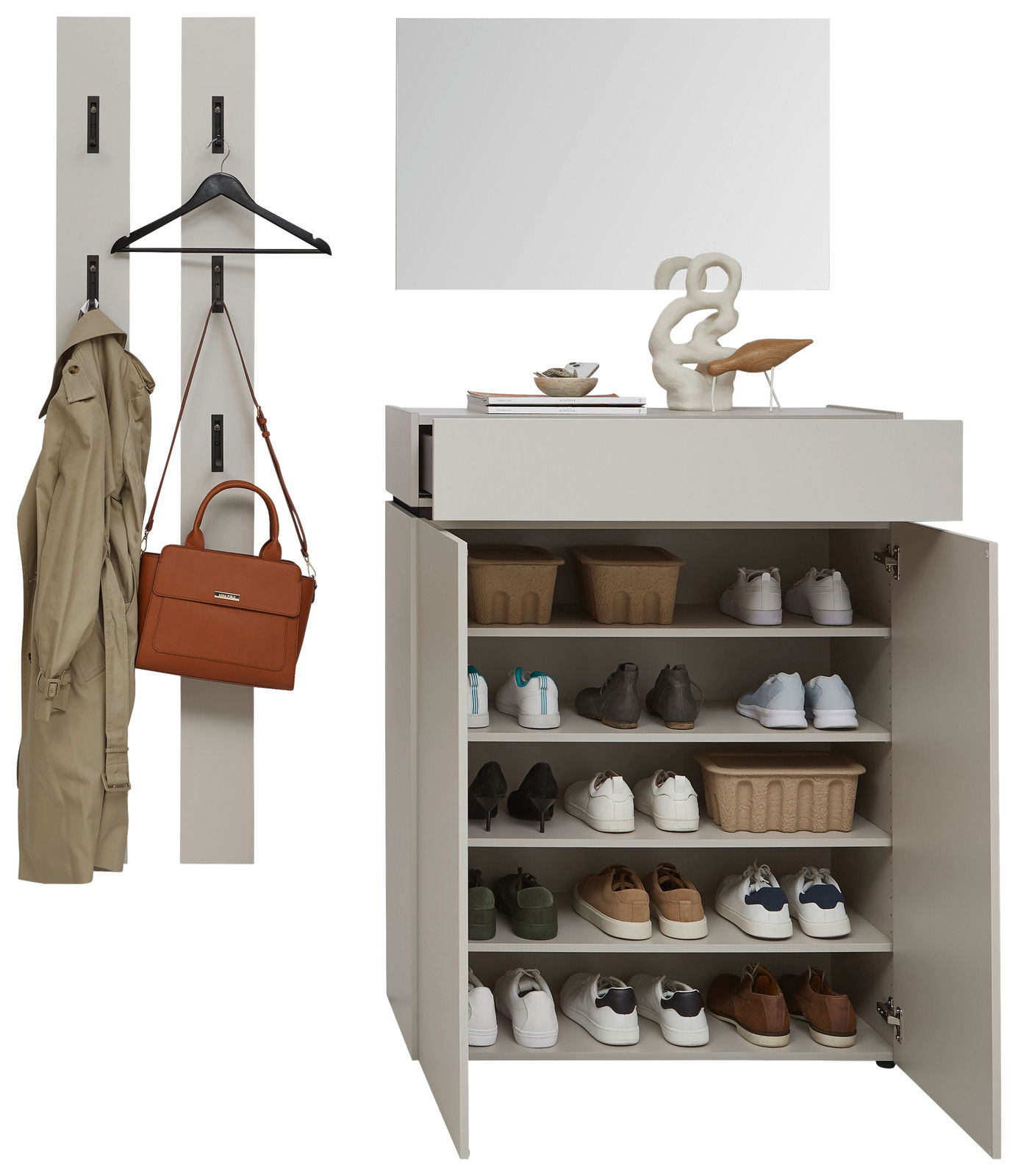 Voleo Garderoben-Set 9 UNIQUE Garderoben-Set in Kaschmir mit Schuhschrank, Spiegel und Hakenleiste, frontal betrachtet