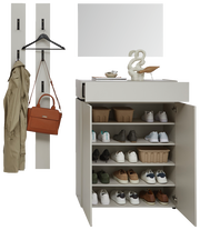 Garderoben-Set in Kaschmir mit Schuhschrank, Spiegel und Hakenleiste, frontal betrachtet