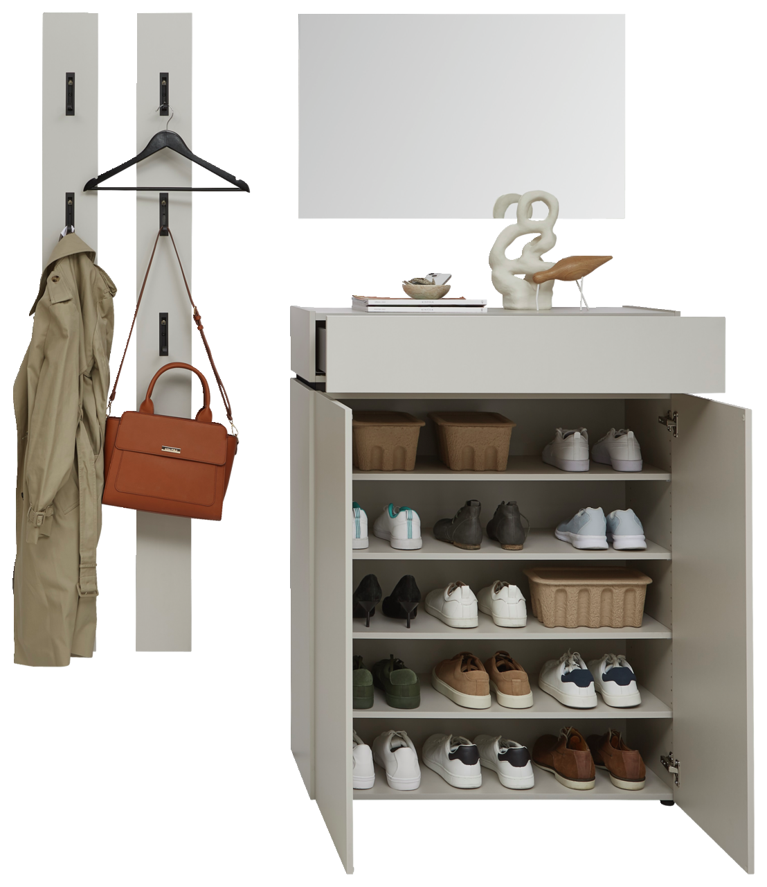 Garderoben-Set in Kaschmir mit Schuhschrank, Spiegel und Hakenleiste, frontal betrachtet