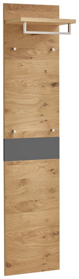 Garderobenpaneel aus Holz mit natürlicher Maserung, vier Haken und einer Ablage, seitliche Perspektive.