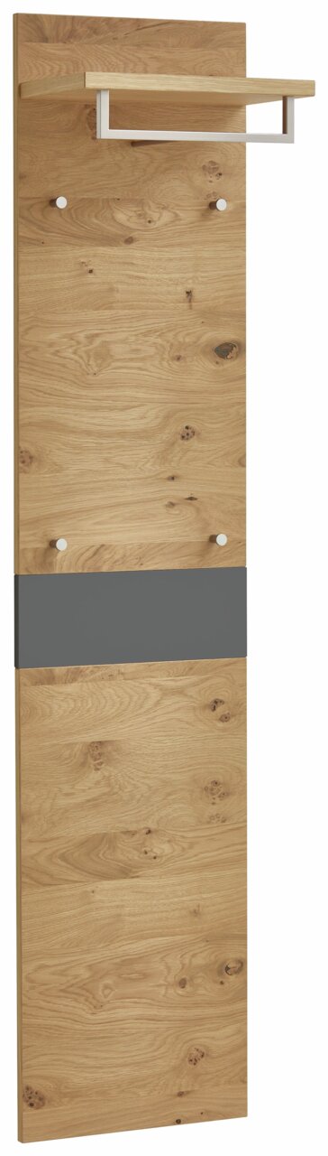 Garderobenpaneel aus Holz mit natürlicher Maserung, vier Haken und einer Ablage, seitliche Perspektive.