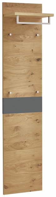 Garderobenpaneel aus Holz mit natürlicher Maserung, vier Haken und einer Ablage, seitliche Perspektive.