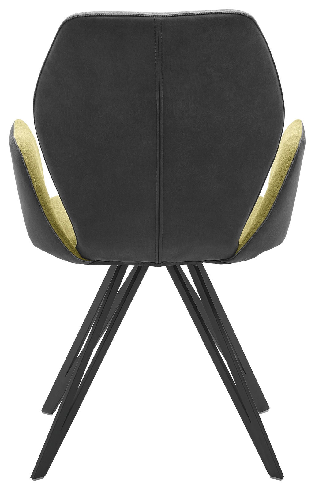 Rückansicht eines modernen Armlehnenstuhls mit schwarzem Bezug und grüner Innenseite, auf schwarzen Metallbeinen.