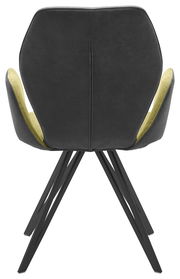 Rückansicht eines modernen Armlehnenstuhls mit schwarzem Bezug und grüner Innenseite, auf schwarzen Metallbeinen.