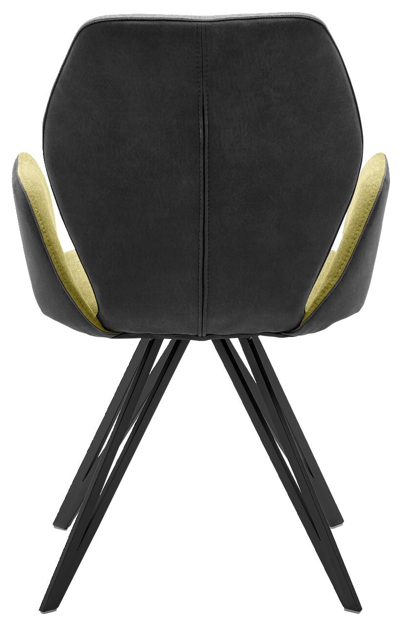 Rückansicht eines modernen Armlehnenstuhls mit schwarzem Bezug und grüner Innenseite, auf schwarzen Metallbeinen.