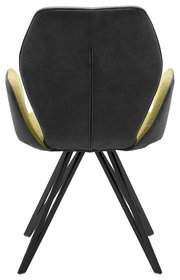 Rückansicht eines modernen Armlehnenstuhls mit schwarzem Bezug und grüner Innenseite, auf schwarzen Metallbeinen.