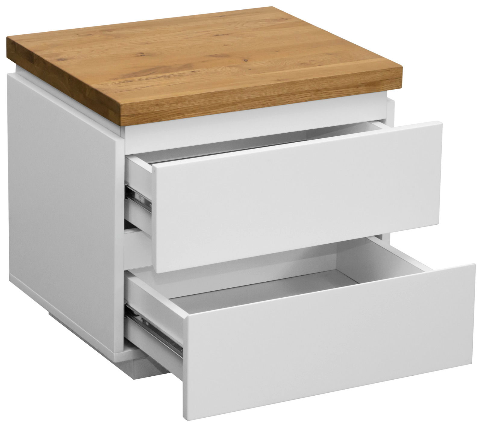 Nachtkommode mit zwei offenen Schubladen, weiße Front und Holzoberfläche, Perspektive von schräg oben