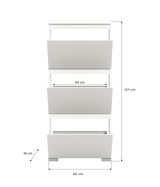 Weißer Schuhschrank mit drei Klappen, frontale Ansicht, Maße: 127 cm hoch, 60 cm breit, 18 cm tief