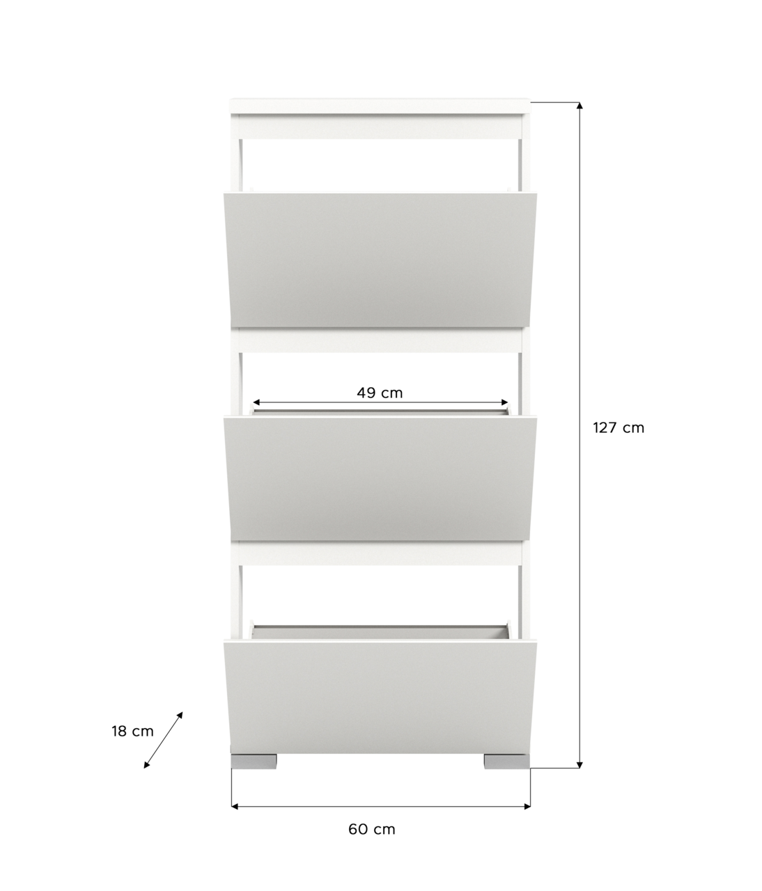 Weißer Schuhschrank mit drei Klappen, frontale Ansicht, Maße: 127 cm hoch, 60 cm breit, 18 cm tief