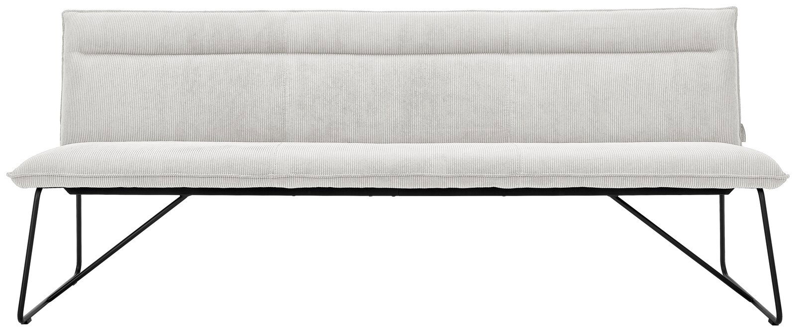Weiße Sitzbank mit Metallbeinen, Vorderansicht
