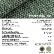 Nahaufnahme (Makroansicht) eines petrolfarbenen Strukturstoffs aus 100% PES mit grober Webstruktur; Stoffdetail_093, 57.000 Scheuertouren, Abrieb- und Pillingfestigkeit 4–5, OEKO-TEX Standard 100 und Easy Clean Symbole sichtbar.