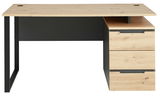 Moderner Schreibtisch aus Holz und Metall mit Schubladen, Frontalansicht