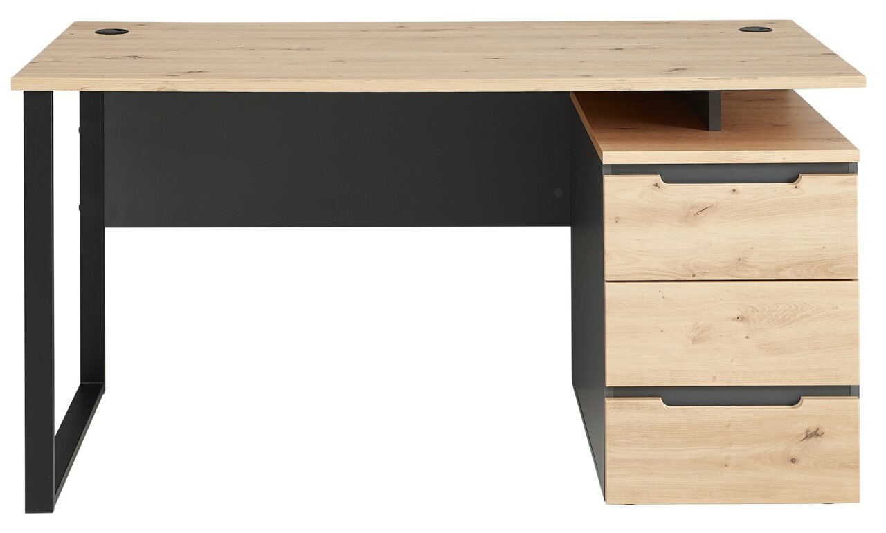 Moderner Schreibtisch aus Holz und Metall mit Schubladen, Frontalansicht