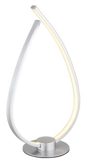 Moderne LED-Tischleuchte in Tropfenform aus silberfarbenem Metall mit warmweißem Lichtband, freigestellt auf weißem Hintergrund, Perspektive: schräg von vorne