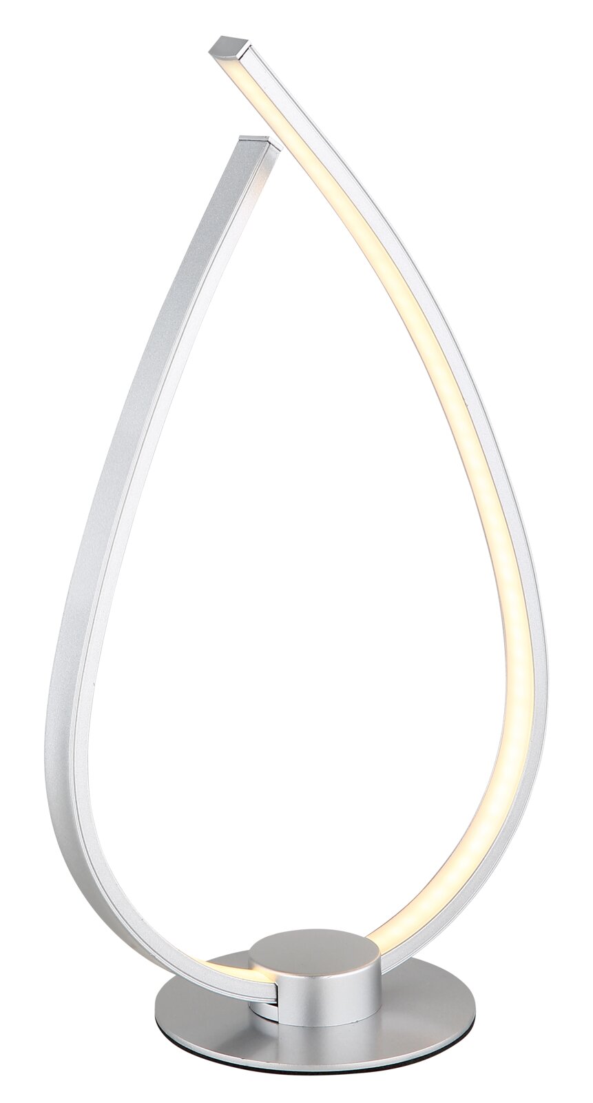 Moderne LED-Tischleuchte in Tropfenform aus silberfarbenem Metall mit warmweißem Lichtband, freigestellt auf weißem Hintergrund, Perspektive: schräg von vorne