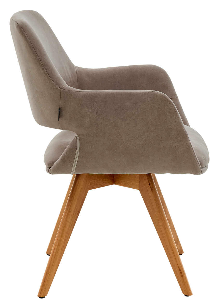 Seitenansicht eines modernen Armlehnstuhls mit grauem Polster und Holzbeinen.