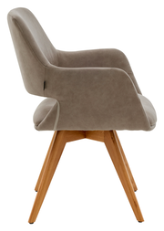 Seitenansicht eines modernen Armlehnstuhls mit grauem Polster und Holzbeinen.