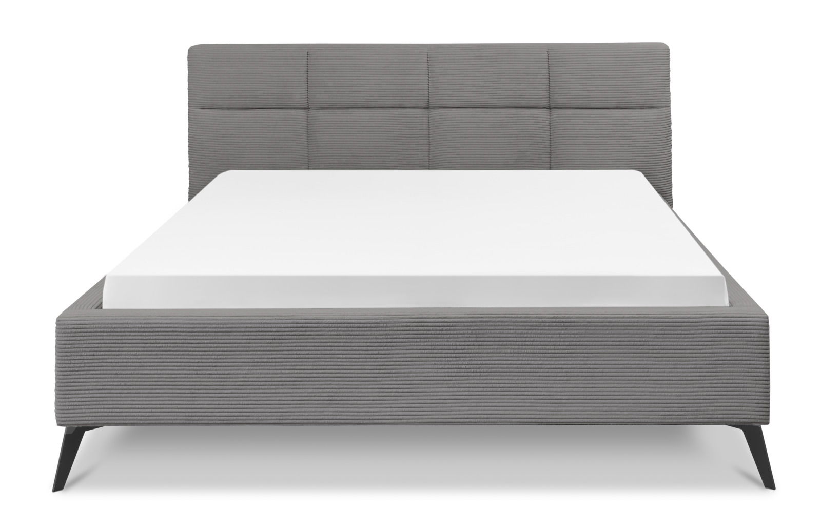 Graues Polsterbett mit gestepptem Kopfteil, Vorderansicht