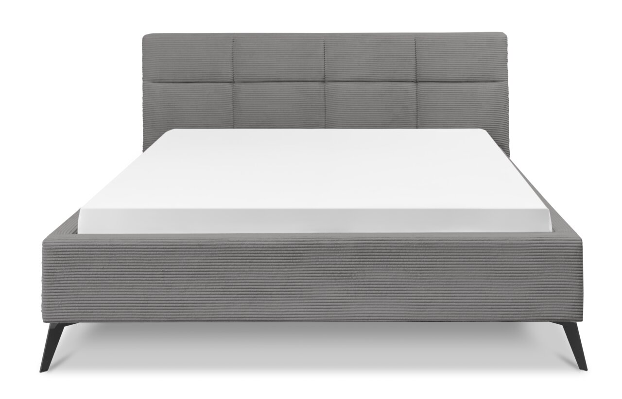 Graues Polsterbett mit gestepptem Kopfteil, Vorderansicht
