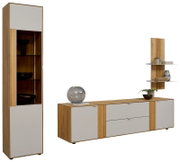Modernes Wohnzimmermöbel-Set aus Holz mit hellgrauen Fronten: links hohe Vitrine mit Glasfach, rechts Lowboard mit Schubladen/Türen und Regalaufsatz; Ansicht schräg von vorn (3/4-Perspektive) auf weißem Hintergrund.