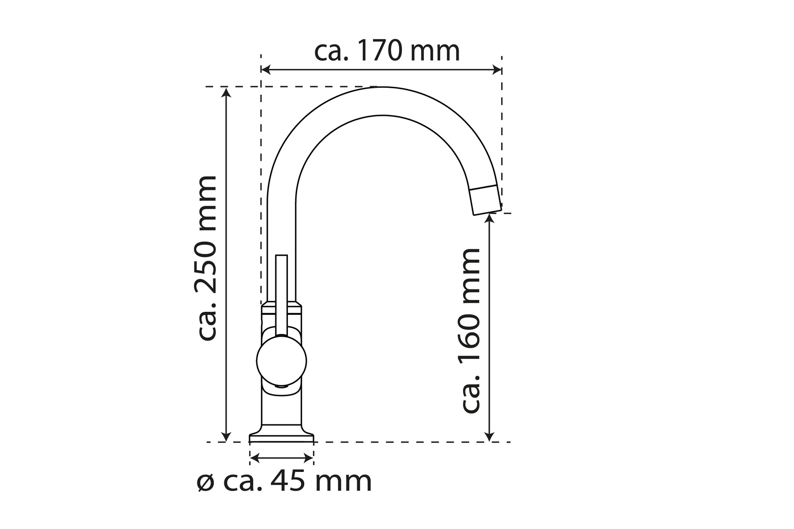 Technische Zeichnung einer Waschtischarmatur mit seitlicher Ansicht, ca. 250 mm hoch, 170 mm Ausladung und 45 mm Durchmesser.