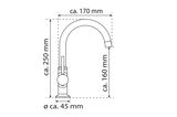 Technische Zeichnung einer Waschtischarmatur mit seitlicher Ansicht, ca. 250 mm hoch, 170 mm Ausladung und 45 mm Durchmesser.