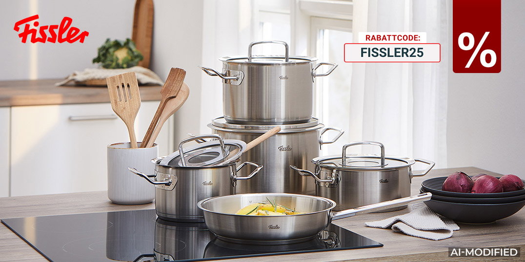 KI-modifiziert: Fissler Edelstahltöpfe und Pfanne auf modernem Induktionskochfeld in heller Küche.