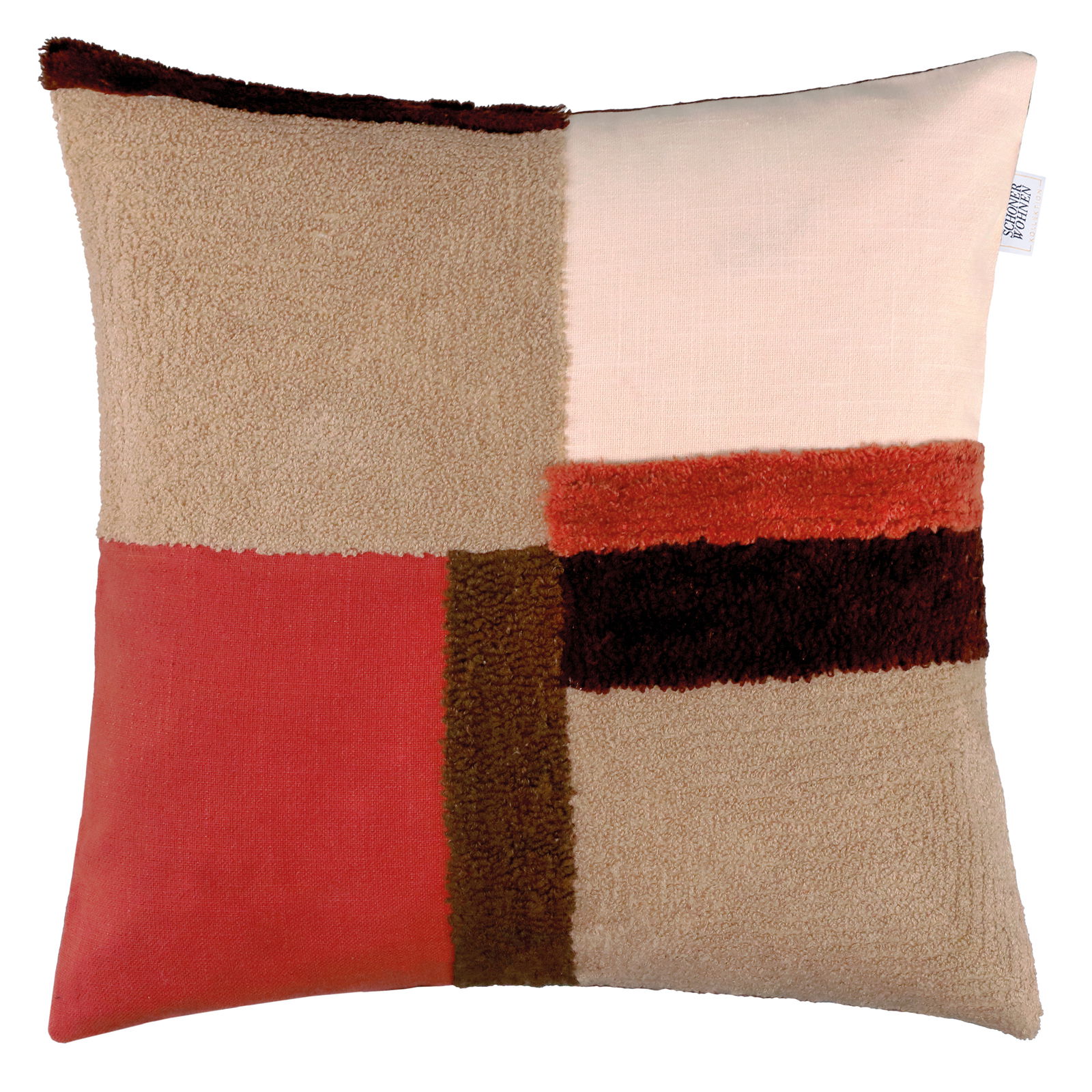 Zierkissenhülle 45x45 cm mit geometrischem Muster in Rot-, Beige- und Brauntönen, Vorderansicht