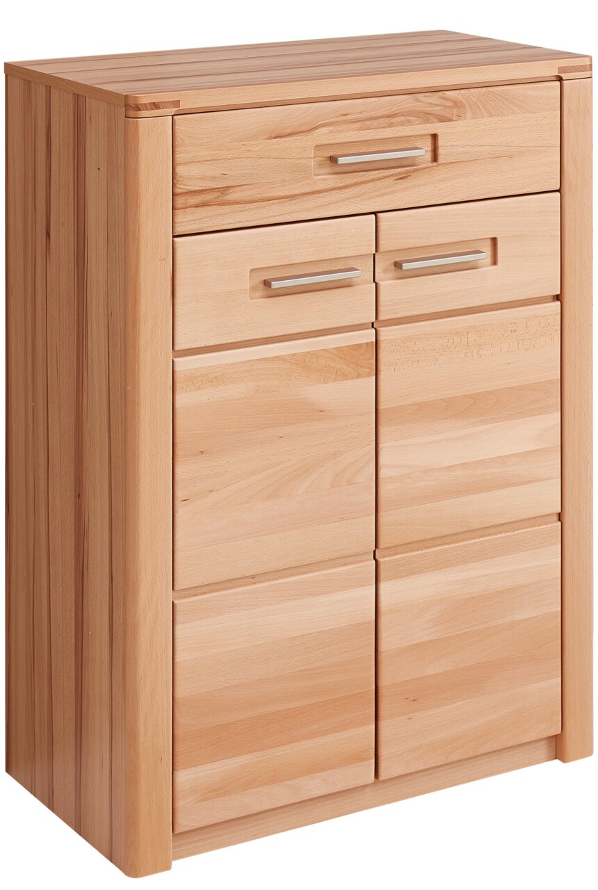 Linea Natura Schuhschrank NATURE ONE Schuhschrank aus hellem Holz mit mehreren Schubladen und Türen, seitliche Perspektive