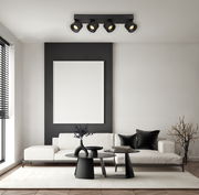 Moderne LED-Deckenstrahler in einem stilvollen Wohnzimmer, Perspektive von unten.