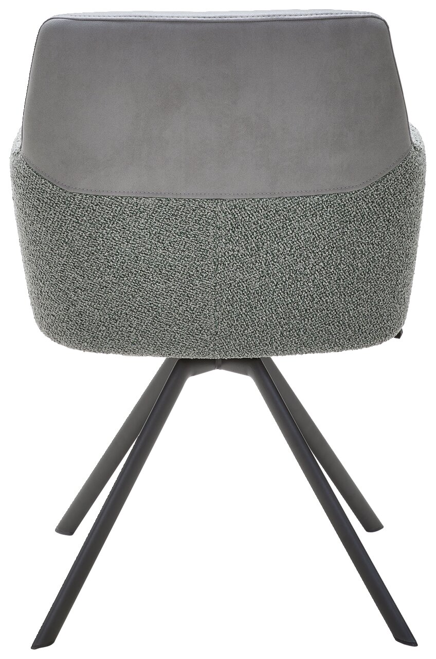 Rückansicht eines modernen Sessels mit grauem Stoffbezug und schwarzen Metallbeinen.