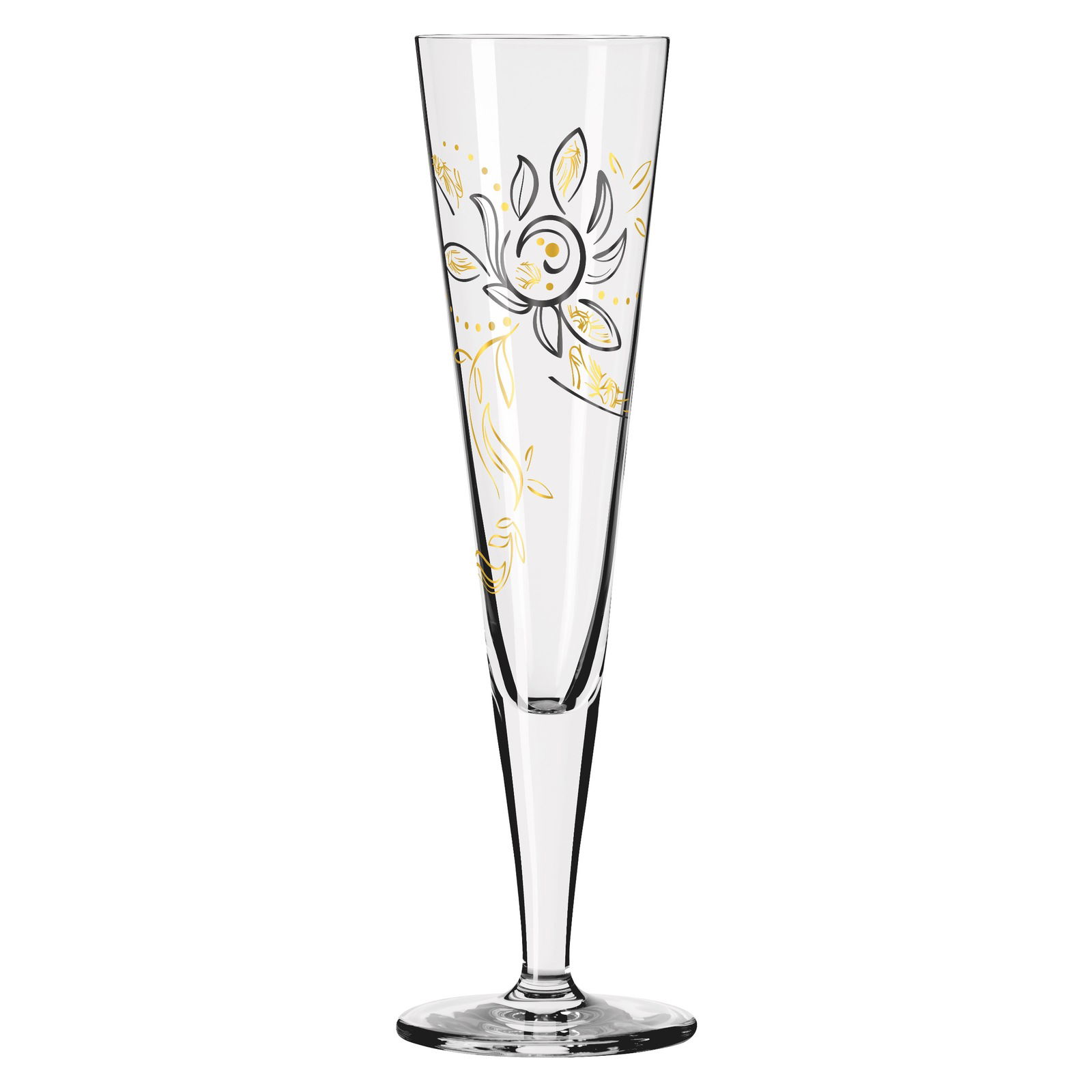 Champagnerglas mit goldenen Verzierungen, seitliche Perspektive