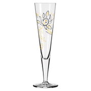 Champagnerglas mit goldenen Verzierungen, seitliche Perspektive