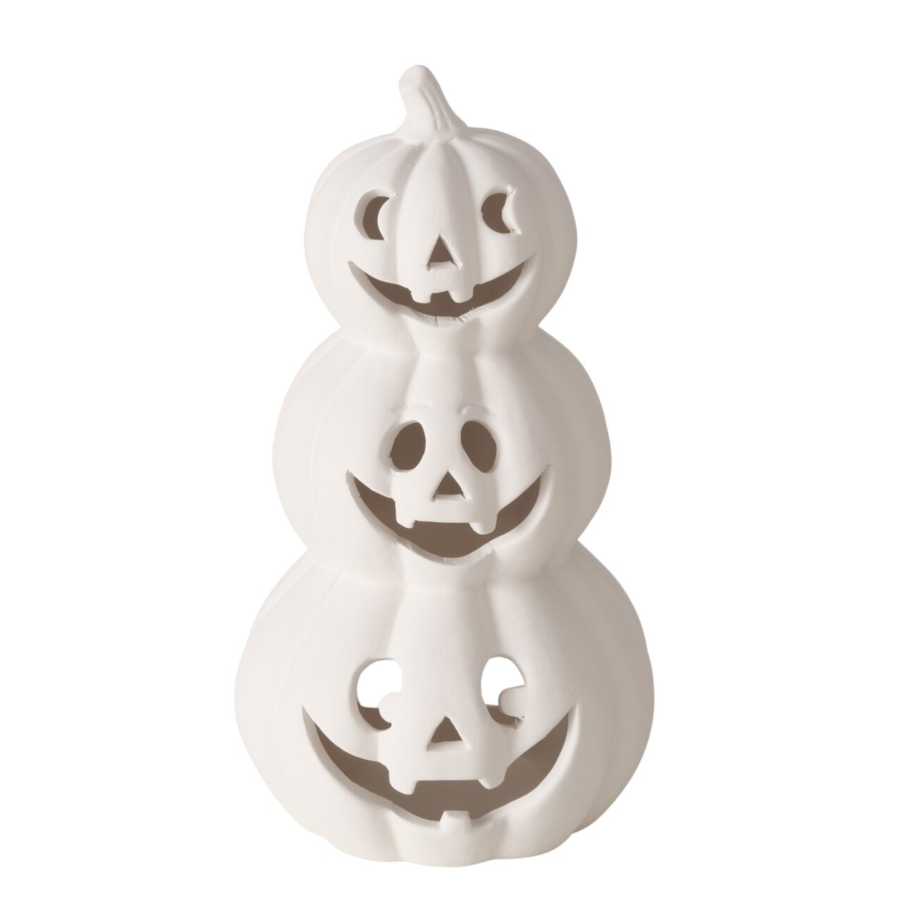Boltze Teelichthalter Kürbis CURBANA 25cm Weißer Teelichthalter in Form von drei gestapelten Kürbissen mit geschnitzten Gesichtern, frontal betrachtet.