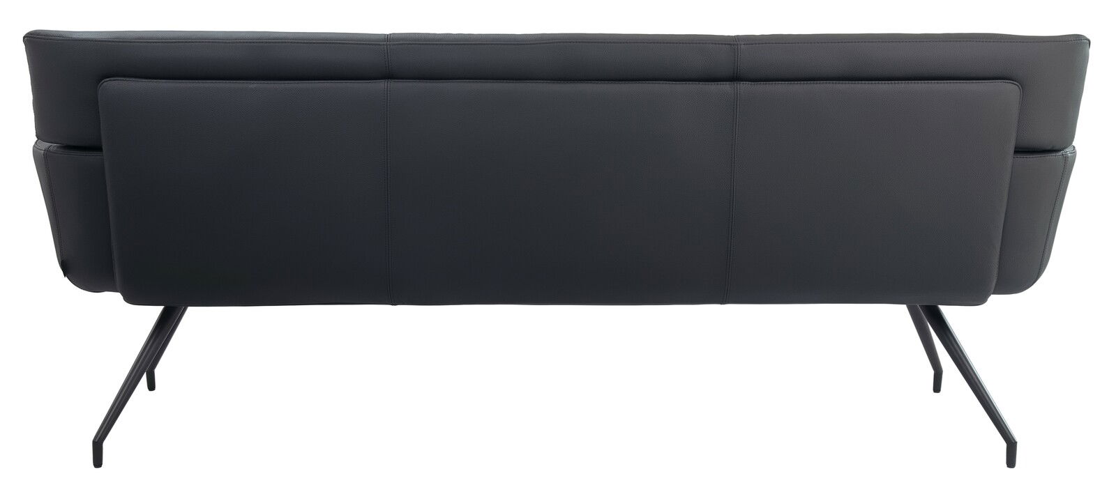 Rückansicht einer modernen schwarzen Sitzbank mit schlanken Metallbeinen.