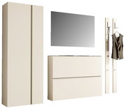 Garderobenset 220cm in cremefarbenem Design, bestehend aus einem hohen Schrank, einem Spiegel, einer Kommode und zwei Wandpaneelen mit Haken, frontal abgebildet.